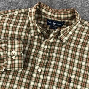 Ralph Lauren Mens Button Down Shirt 2XL 17 Yarmouth Green Tan Plaid Long Sleeve